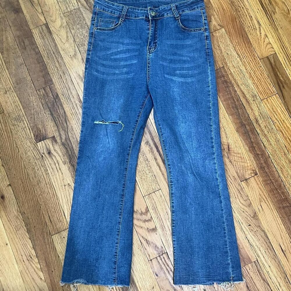 Air Women's High Rise Straight Crop Jeans Blue Distressed Ankle Zip Size 29